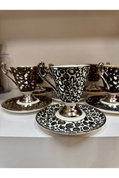 hediye Esterhomedecor 6 Person Porcelain Coffee Cup Set with Leopard Silver