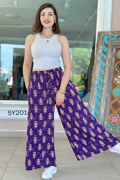 İnce Topuk Patterned Viscose Wide Leg Trousers 5Y201