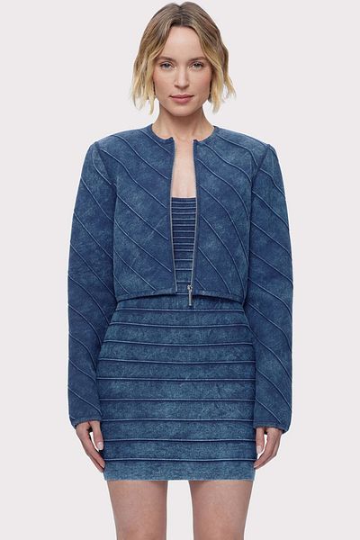 Herve Leger JACĂ DIN DENIM CU FERMOAR ÎN FAȚĂ - HERVE LEGER - ALBASTRU, M