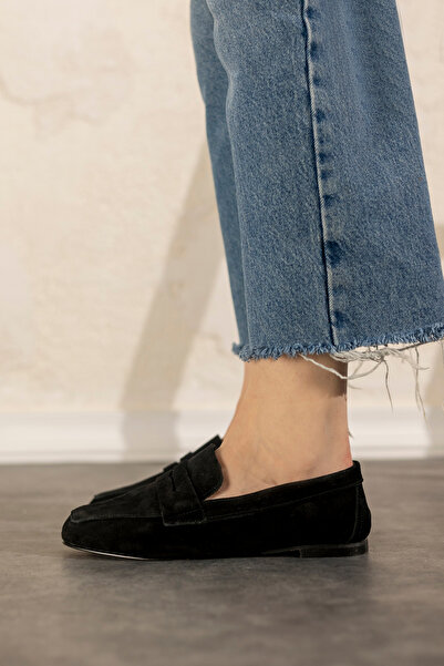 MYPOPPİSHOES Black Genuine Suede Loafer Violin