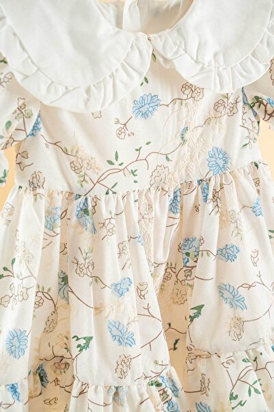 Mini Chics Mavi Çiçekli Brodeli Kısa Kol Kız Çocuk Elbise