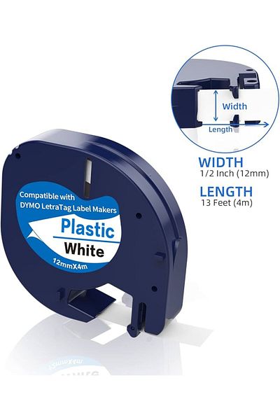 Dymo شريط طابعة ملصقات Dymo LetraTag، 12 مم × 4 أمتار، بلاستيك أبيض