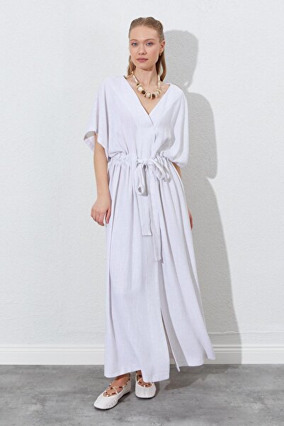 TENA Γυναικείο φυσικό μακρύ φόρεμα με χαμηλό μανίκι με ζώνη με λινό