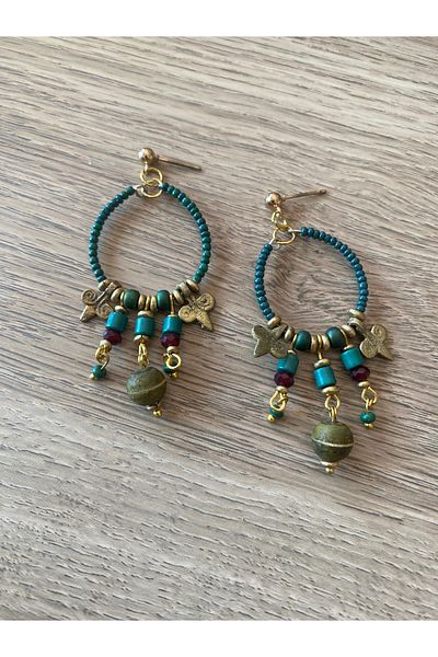 dela otantik Handmade Ethnic Hoop Earrings – Large Size Green Beaded Authentic Bohemian Vintage Bijoux Jewelry Jewelry