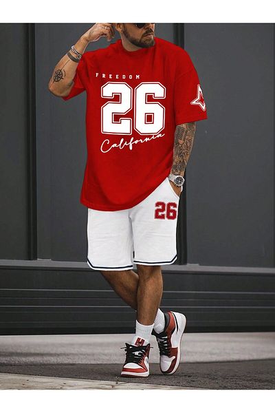 PENTHİLUS Men's Short Sleeve Letter Printed Basketball T-Shirt and Shorts Set
