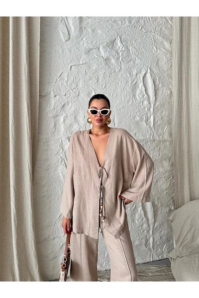 My Blog Mink Beaded Kimono Linen Suit - 8321