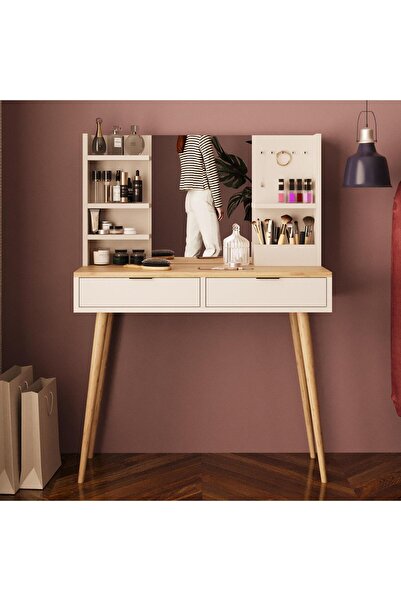 Bimossa A4060 Bella Doğal Ayaklı Aynalı Takı Askılı Makyaj Masası Kumtaşı-Sepet