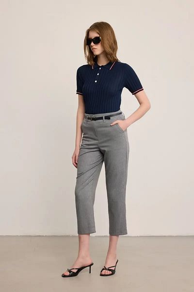 Gusto Linen Blend Carrot Trousers with Belt - Navy Blue