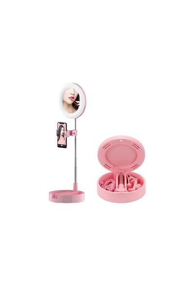 SIKS ® round makeup mirror, with phone holder and accessories, height 28 cm, pink