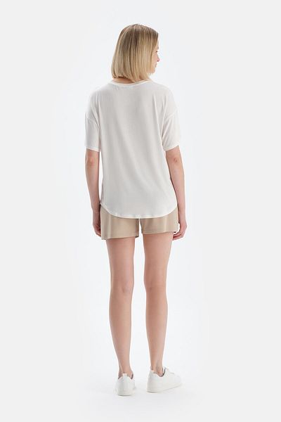 Dagi Ecru Crew Neck Short Sleeve Modal T-Shirt