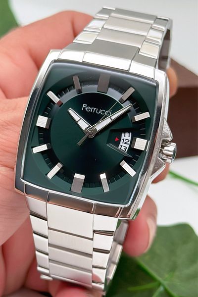 Ferrucci Men's Wrist Watch with Calendar Steel Case & Steel Cord Silver-Green Zmfer184