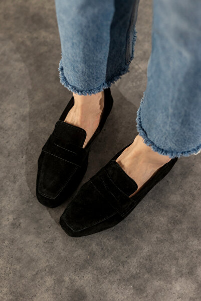 MYPOPPİSHOES Black Genuine Suede Loafer Violin