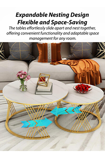 DBLEW Set of 2 Modern White Faux Marble Finish Round Nesting Coffee Table Side Stackable Accent Tea Tables