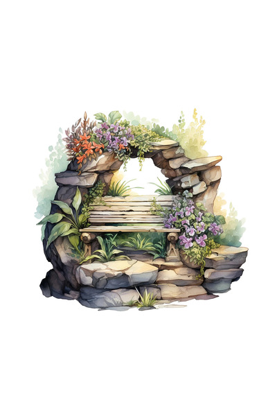 INOVATIX Set de 8 piese, autocolant Bancă din lemn cu flori printre pietre, I...