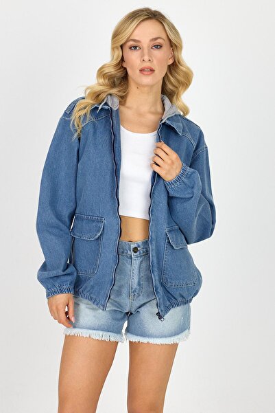 DAMGA JEANS Kadın CoolMove Pamuklu Rahat Fermuarlı Kapşonlu Kot Ceket Mavi