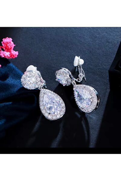 VİYA Öğretmenler Günü Hediyesi Elisa Gümüş Renk Deliksiz Sıkıştırmalı Zirkon Taşlı Abiye Küpe