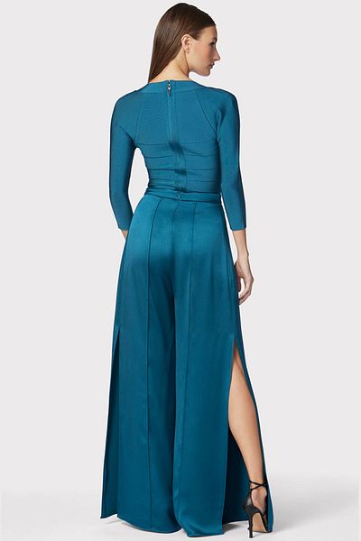 Herve Leger PANTALONI CU TALIE ÎNALTĂ DIN MĂTASE CU ICOANĂ - HERVE LEGER - BEJ, XS