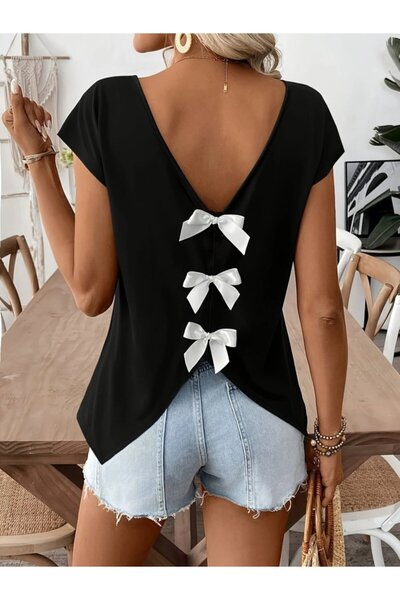 Viyamo Women's Short Sleeve V Neck Viscose Blouse with Ribbon Detail on the Back