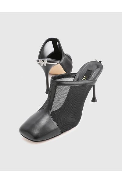 İLVİ Kirsten Genuine Leather Black Women's Heeled Slippers