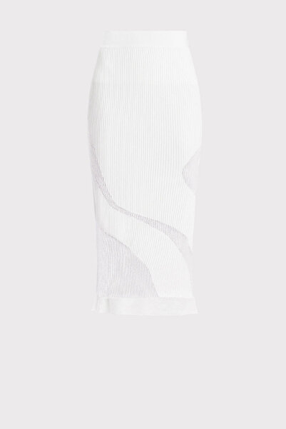 Herve Leger FUSTĂ MIDI TRANSPARENTĂ CU STRIURI OPACE - - ALBĂ, M