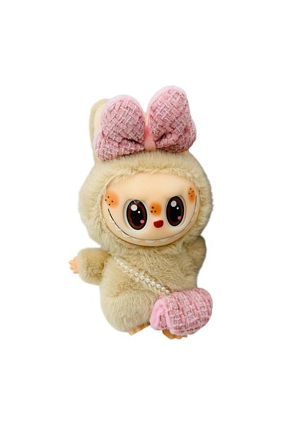 BaoBao Beige 15cm Labubu with bow and bag – delicate and elegant fashion accessory, BaoBao