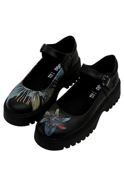 Dogo Women's Vegan Leather Black Mary Jane Loafer - Passion Flower Design
