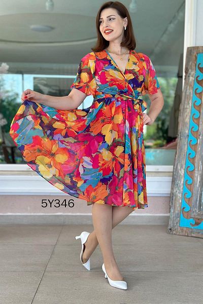 İnce Topuk Double Breasted Collar Flange Sleeve Chiffon Dress 5Y346