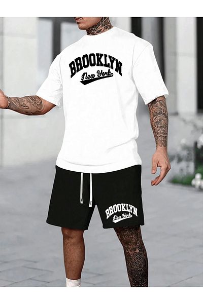 PENTHİLUS New York Men's Casual Set, Short Sleeve Round Neck T-Shirt and Lace-Up Shorts with Pockets