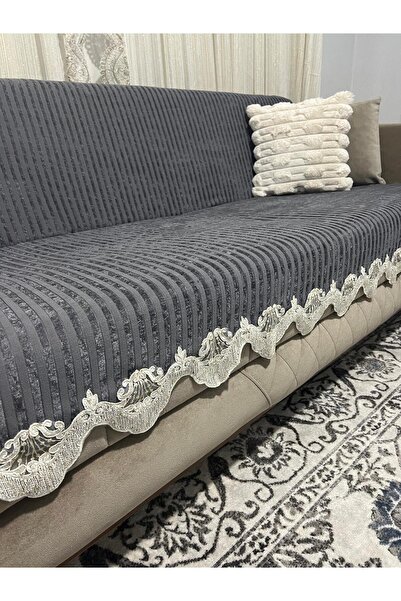 DECORA CASA HOME COLLECTİON Дантелений смугастий вельветовий нековзний диванний чохол 170 x 210