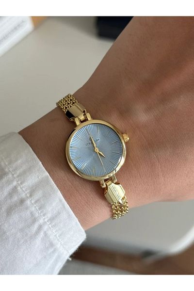 RoseandRoses Aurum Round Case Minimal Women's Wristwatch Gold (Blue Case)