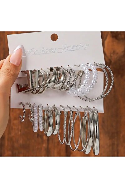 Perry Accesories 12 adet çoklu halkalı klipsli çoklu kombin halka küpe seti incili kombin küpe seti 12 çift küpe