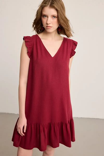 Gusto Λινό Φόρεμα Flounce - Claret Red