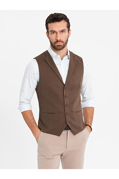 OMBRE Εφαρμοστό ανδρικό πλεκτό γιλέκο με πέτα - καφέ V2 OM-BLZV-0144 L