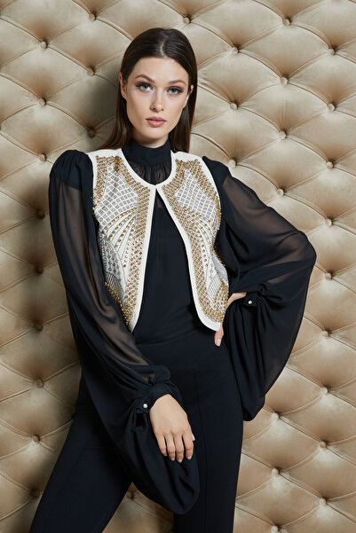 SERPİL Kadın Kristal Taş İşlemeli Kısa Yelek – Özel Tasarım Şık Tamamlayıcı Parça