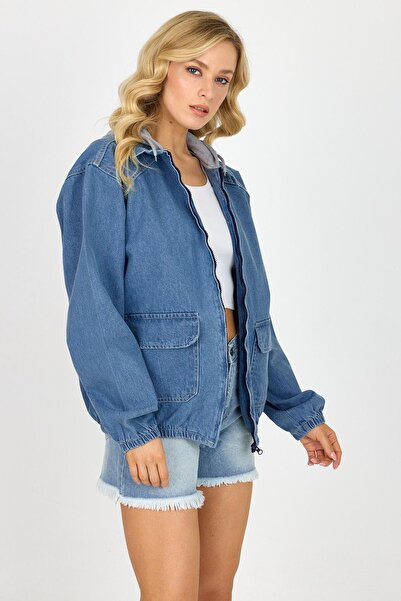DAMGA JEANS Kadın CoolMove Pamuklu Rahat Fermuarlı Kapşonlu Kot Ceket Mavi