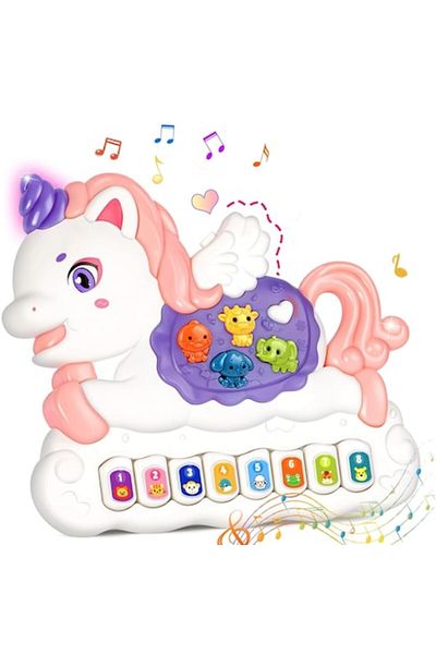 indiggo Pian interactiv pentru copii, Unicornul Vesel, Note muzicale, Sunete de animale, Funcție de comutare, Lumi