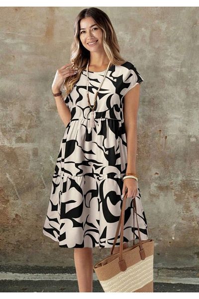 Little Visqon Women's Short Sleeve Crew Neck Patterned Ruffle Single Jersey Dress