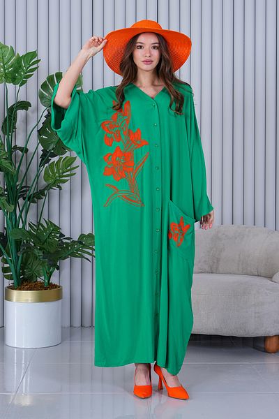 EL jadida Women's Embroidered Buttoned Plus Size Viscose Long Dress Green