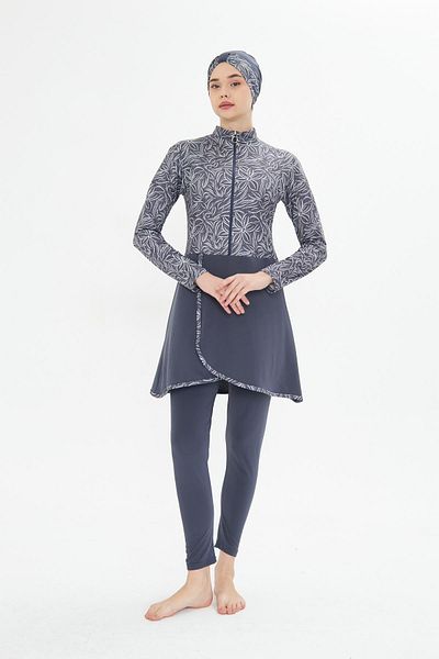 Fantasy Full Covered Lycra Patterned Skirted Hijab Swimsuit Anthracite 3483-A