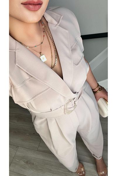 Oslove Stone Double Breasted Belted Jumpsuit