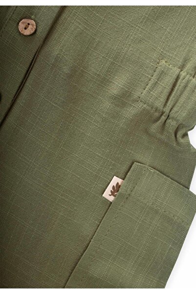 Cigit Short Length Linen Jumpsuit with Side Pockets 2-7 Years Khaki Green