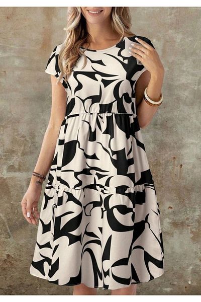 Little Visqon Women's Short Sleeve Crew Neck Patterned Ruffle Single Jersey Dress