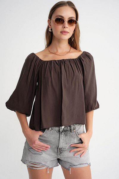 Mixray 4706 Women's Backless Balloon Sleeve Strapless Blouse Brown