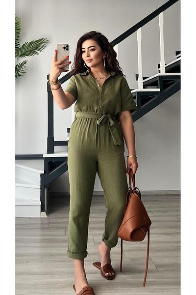 Oslove Khaki Muslin Belted Jumpsuit