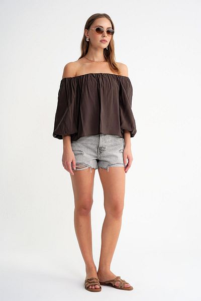 Mixray 4706 Women's Backless Balloon Sleeve Strapless Blouse Brown