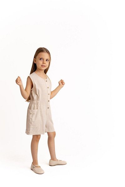 Cigit Short Length Linen Jumpsuit with Side Pockets 2-7 Years Natural