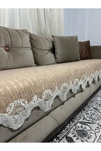 DECORA CASA HOME COLLECTİON Lacy Striped Sponge Velvet Non-Slip Sofa Bed Seat Cover (85X210)