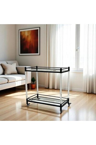 l'elefante 2-Tier Glass Serving Trolley with Wheels – Black Metal Frame Bar Cart, Tea & Coffee Cart, Utility