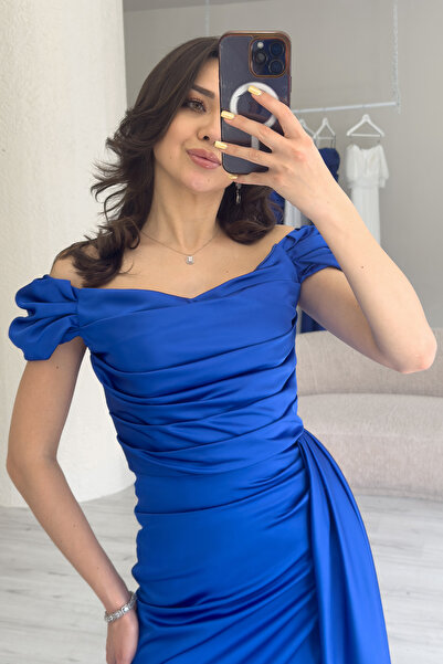 zks grup tekstil Women's Off Shoulder Satin Draped Evening Dress with Slit Saks Blue, Silver