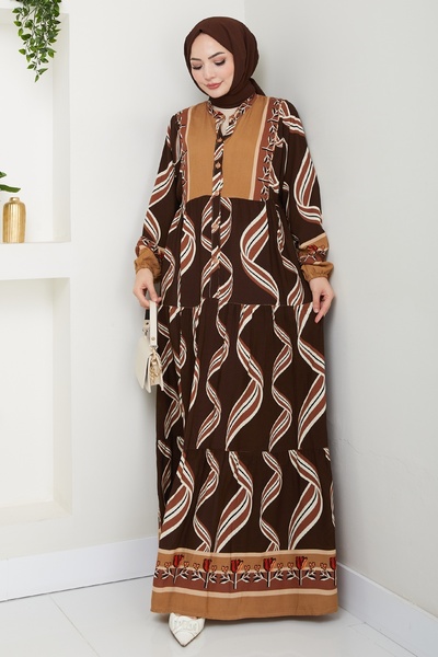 InStyle Shaped Spiral Pattern Viscose Dress Bitter Brown
